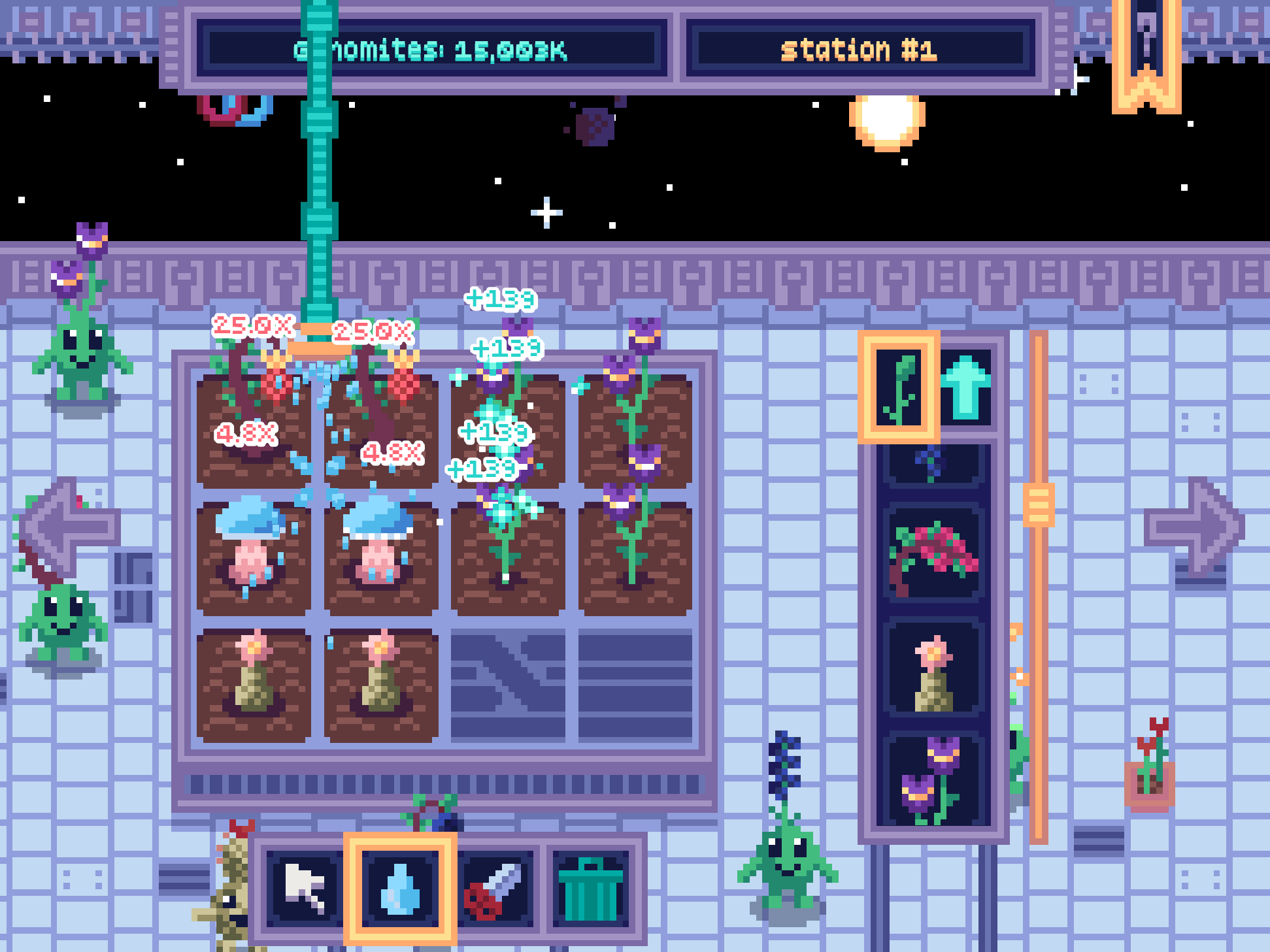Photomites! gameplay — a pixel-art garden station with potted plants, flowers and glowing UI counters